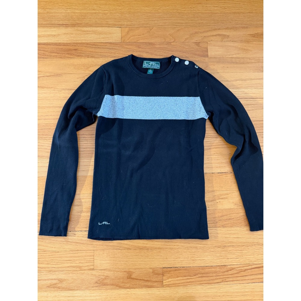 Lauren Ralph Lauren Active Black Stripe Button Shoulder Knit Top Small